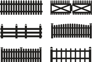 Fence Silhouette Vector Set – Wooden and Metal Barrier Icons for Garden, Architecture, and Construction