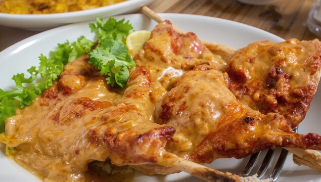 A dish featuring skewered grilled stingray accompanied by a rich, creamy, and slightly spicy sauce with a golden-brown glaze