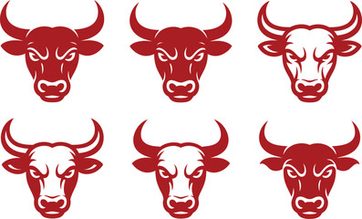 Bull Head Vector Set – Red Animal Symbol Collection for Strength, Sport Illustration 