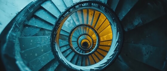 Teal and gold spiral staircase overhead view architectural design