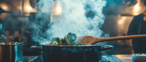 Steaming vegetables in a dark pot moody culinary image