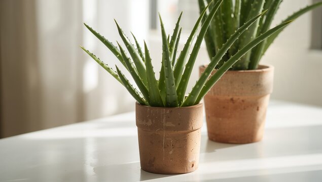 Terracotta pots holding Aloe Vera on a white background. Concept for indoor greenery or home decoration.