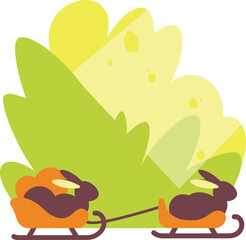 Two cartoon rabbits on a snow sleigh, style, fun.