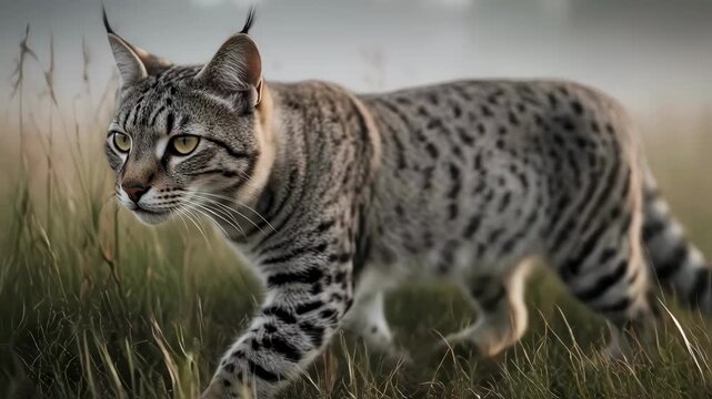 Majestic Chaus Cat Strolling Through Grassy Field on a Foggy Morning.