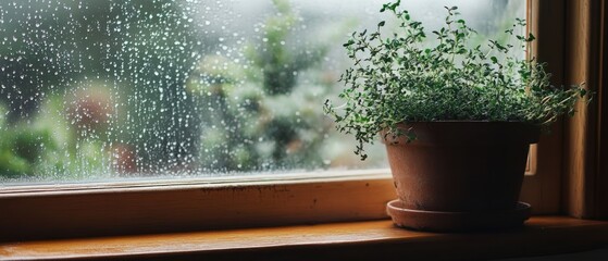 Potted thyme plant on rainy windowsill nature photography