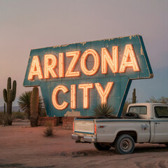 Arizona City Neon Sign in Desert Twilight with Old Pickup Truck Nearby