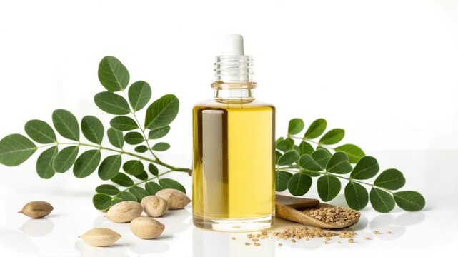 moringa oil, natural extract, herbal oil isoalted on white background