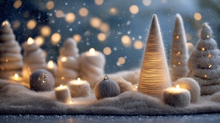 雪が降る静かな聖夜、フェルトのツリーと蝋燭の灯り