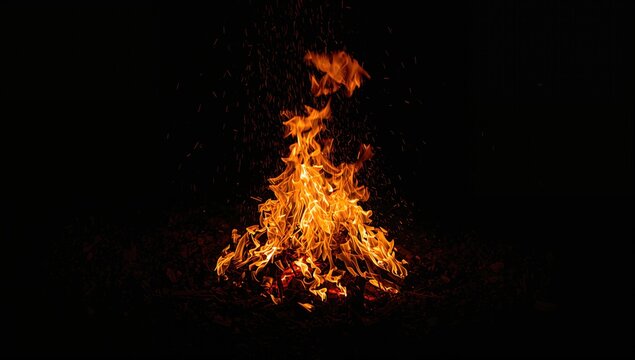 Intense flames glowing in the nighttime shadows