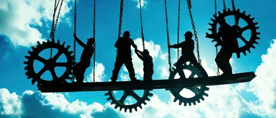 Teamwork and industry silhouetted workers and gears against a bright sky