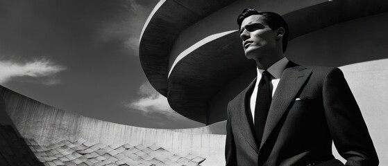 Stylish man in suit poses against modern building black and white photography