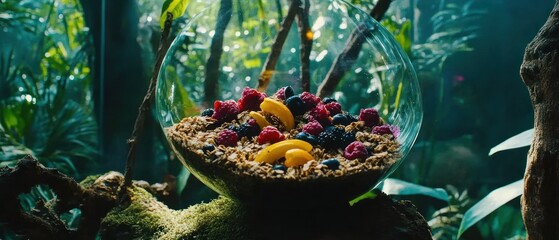 Granola with berries and apricots in lush greenery setting