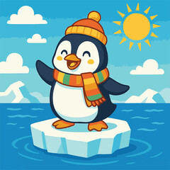 cartoon vector image of penguin on ice cube