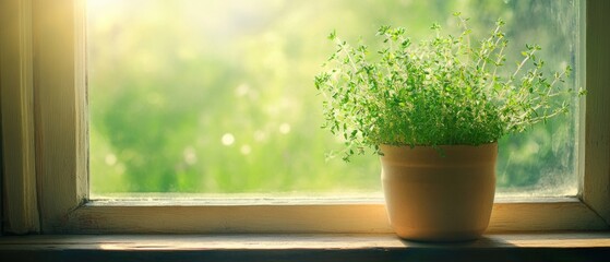 Sunlit potted thyme on windowsill vibrant green herb plant in rustic setting