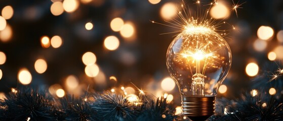 Glowing lightbulb with sparks warm bokeh lights and pine branches