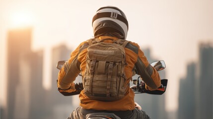 Adventurous motorcyclist riding along urban skyline at sunset with backpack, capturing the essence of freedom and exploration in the city
