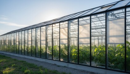 Medium shot highlighting bifacial solar panels on greenhouse walls reflecting sunlight to optimize energy harvest while maintaining ideal plant light conditions indoors.
