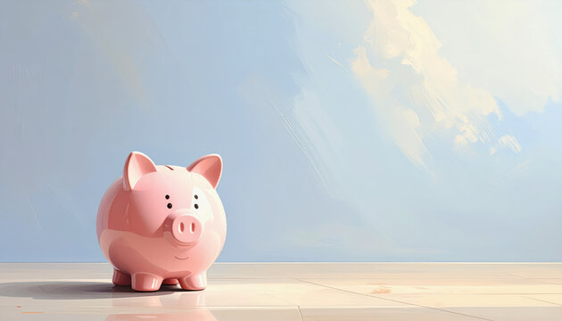 Piggy bank positioned on a tile floor with ample space available in a brightly lit environment and no people around