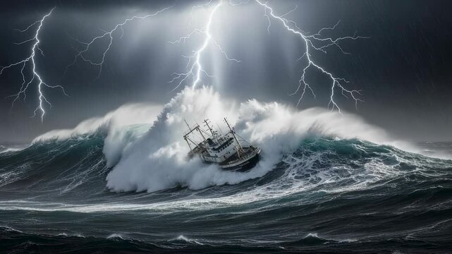 Ship sailing in a dramatic ocean storm with waves and lightning during a dangerous voyage, risk and challenge concept video footage