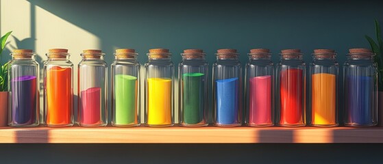 Colorful sand in glass jars on wooden shelf sunlight