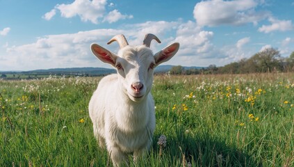 Adorable inquisitive goat in a green grassy field during spring