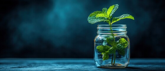 Fresh mint sprig in glass jar dark background vibrant green
