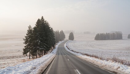 Obraz premium Stunning winter scene featuring a tree-lined road through snowy fields.