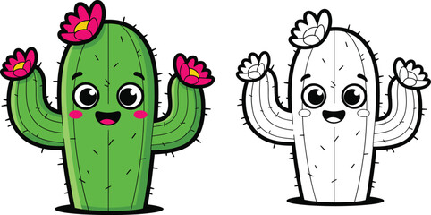 Cartoon cactus character illustration set, colorful and outline versions with smiling face, pink flowers, and raised arms, desert theme, vector clipart