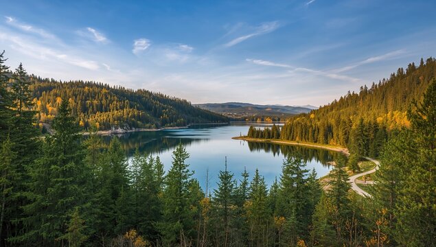 Evergreen and fir trees surrounding a scenic alpine lake in a northern region of Italy