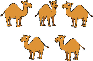 Cartoon camel character set, expressive desert animal illustrations, playful wildlife clipart, kids vector design, stylized nature icons, animated pose graphics
