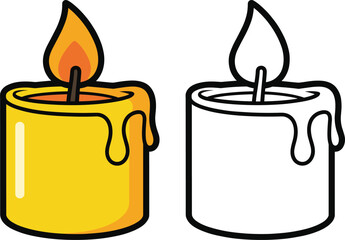 Cartoon candle illustration set, bright yellow candle with flame and wax drips, full-color and outline versions, vector clipart, design asset