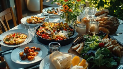 Sunlit table of food grilled vegetables salads bread appetizers