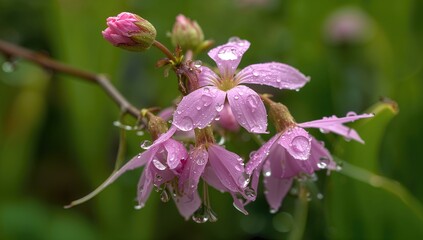 Obraz premium Detailed shot of pink blossoms adorned with water droplets against a natural backdrop