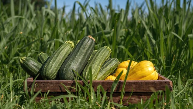 Organic green zucchini and cucumbers displayed in a rustic wooden crate outdoors on the grass