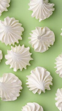 Fresh homemade meringue cookies over green background
