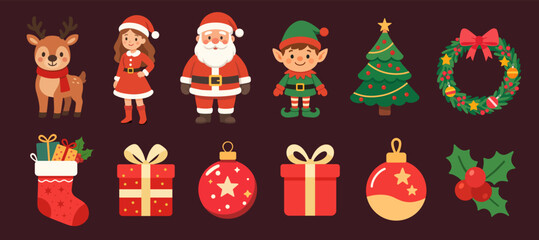 Christmas characters and objects illustrations set. Vector cartoon clipart for Christmas decorations.
