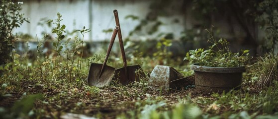 Rusty shovels and potted plant in garden setting