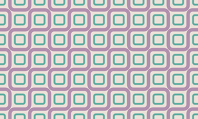 Vintage seventies inspired seamless pattern featuring interconnected rounded squares and flowing wavy lines in a retro color palette