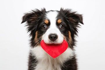 Valentine's Day idea featuring a playful puppy holding a red heart in its mouth against a white backdrop.