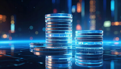 Array of transparent stacked coins with reflections presenting a futuristic look and ample copy space for financial use