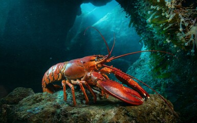 Red Lobster Crawling Over Smooth Pebbles Beneath Clear Blue Water
