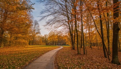 Naklejka premium Stunning fall foliage decorating the trees in a scenic park by the lake