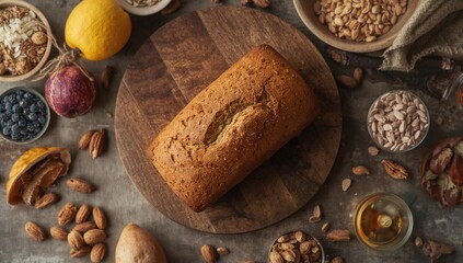 Healthy breakfast spread featuring gluten-free bread and various foods on wood