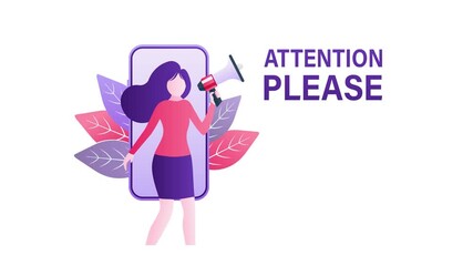 Woman emerging from smartphone screen holding megaphone, with and without text and green screen - Powered by Adobe