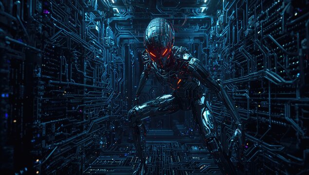 Futuristic metallic robot within a computer center