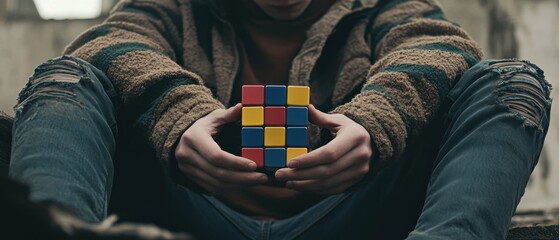 Person contemplating while holding a colorful cube puzzle