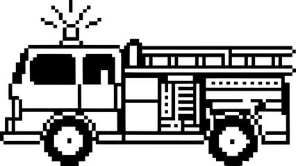 Obraz premium Pixel art fire engine with flashing lights retro rescue vehicle, emergency response, black and white illustration