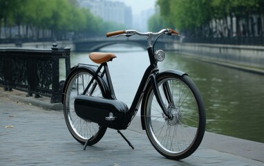 Classic black bicycle by canal cityscape background