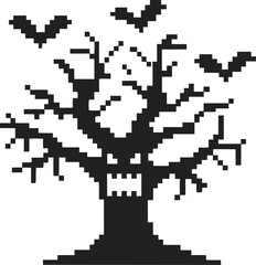 Fototapeta premium Pixel art scary tree with sinister face and flying bats spooky creepy branches, halloween retro arcade design
