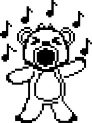 Obraz premium Pixel art singing bear with musical notes black and white retro animal performing music, nostalgic digital illustration